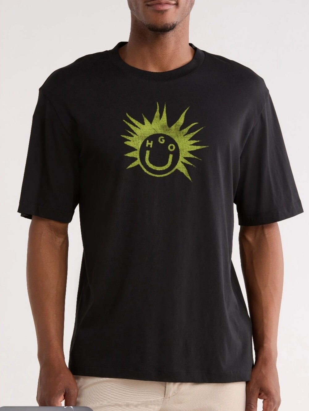 HUGO Black Short Sleeve Tee with Lime Green Sun Graphic